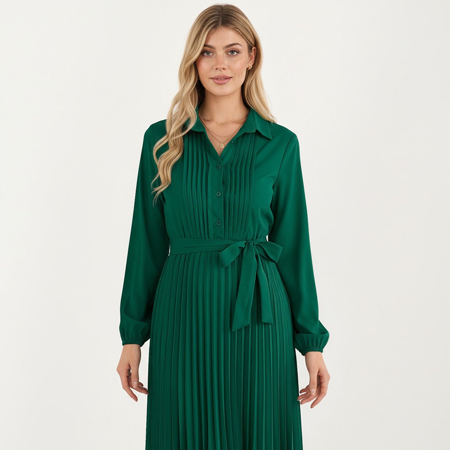 Pleated Midi Dress with Button-Down Front, Long Sleeves, and Waist Tie for a Feminine and Flattering Silhouette