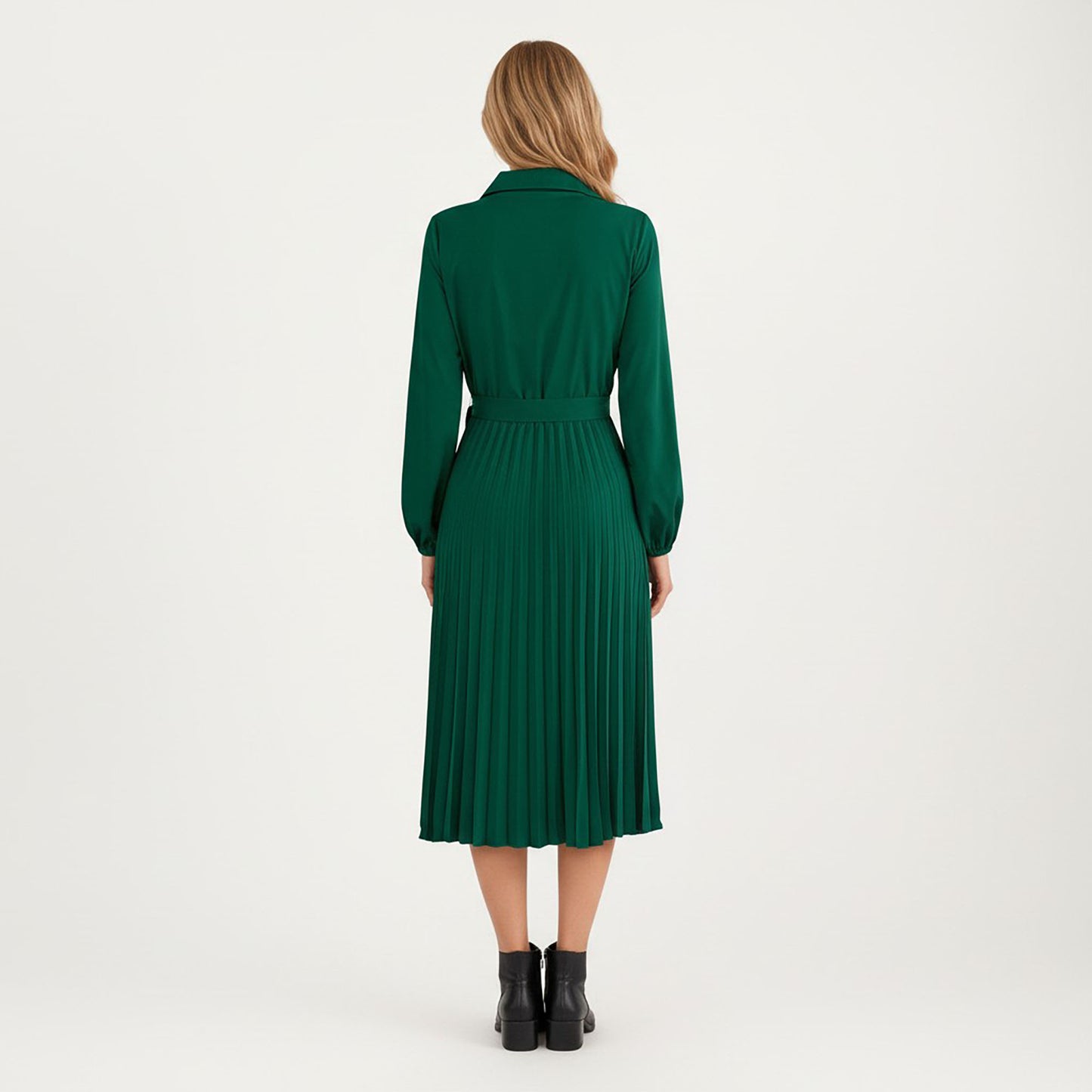 Pleated Midi Dress with Button-Down Front, Long Sleeves, and Waist Tie for a Feminine and Flattering Silhouette