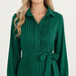 Pleated Midi Dress with Button-Down Front, Long Sleeves, and Waist Tie for a Feminine and Flattering Silhouette
