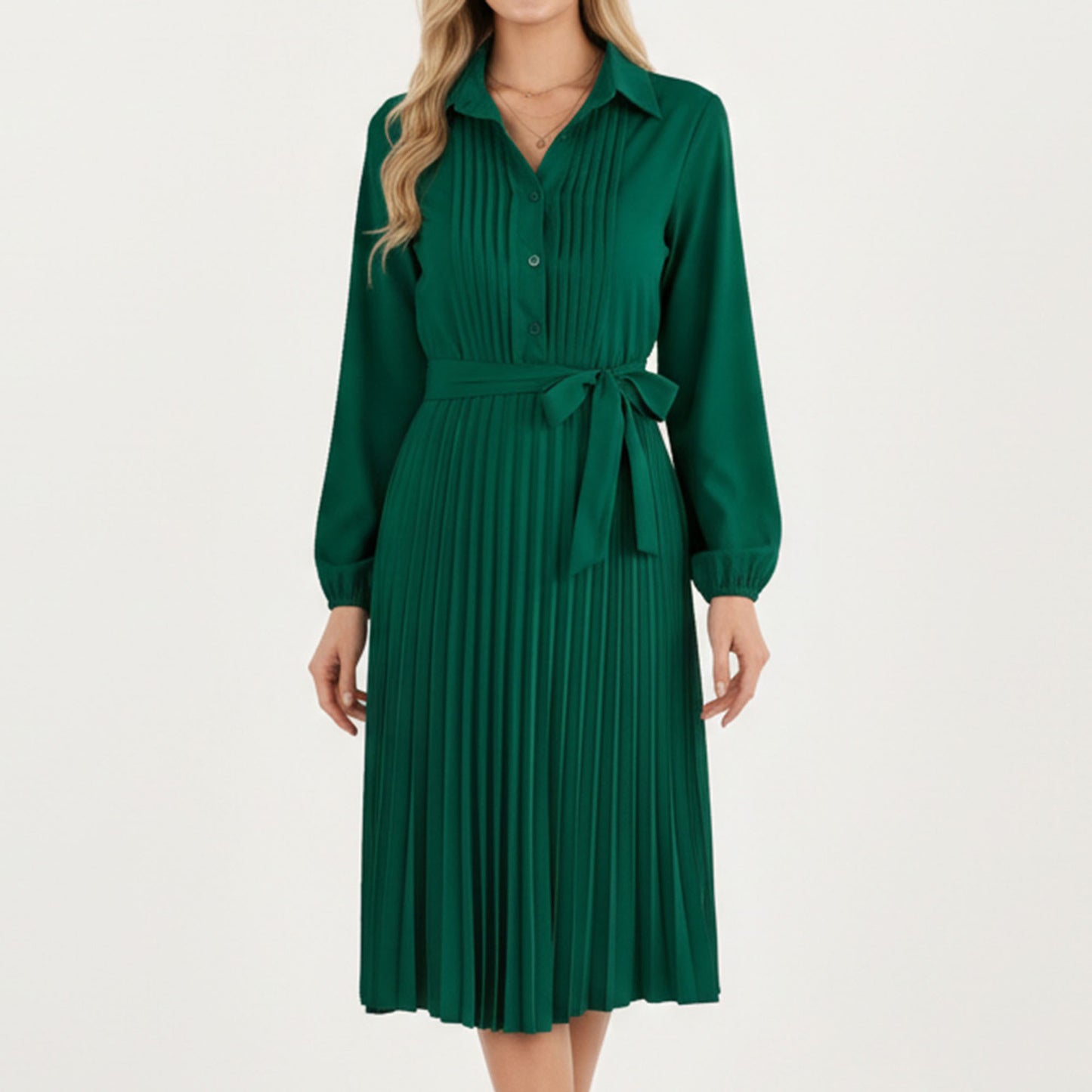 Pleated Midi Dress with Button-Down Front, Long Sleeves, and Waist Tie for a Feminine and Flattering Silhouette
