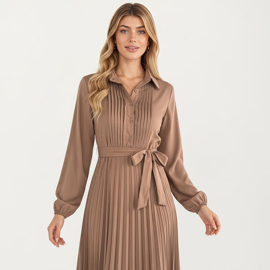 Pleated Midi Dress with Button-Down Front, Long Sleeves, and Waist Tie for a Feminine and Flattering Silhouette