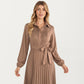 Pleated Midi Dress with Button-Down Front, Long Sleeves, and Waist Tie for a Feminine and Flattering Silhouette