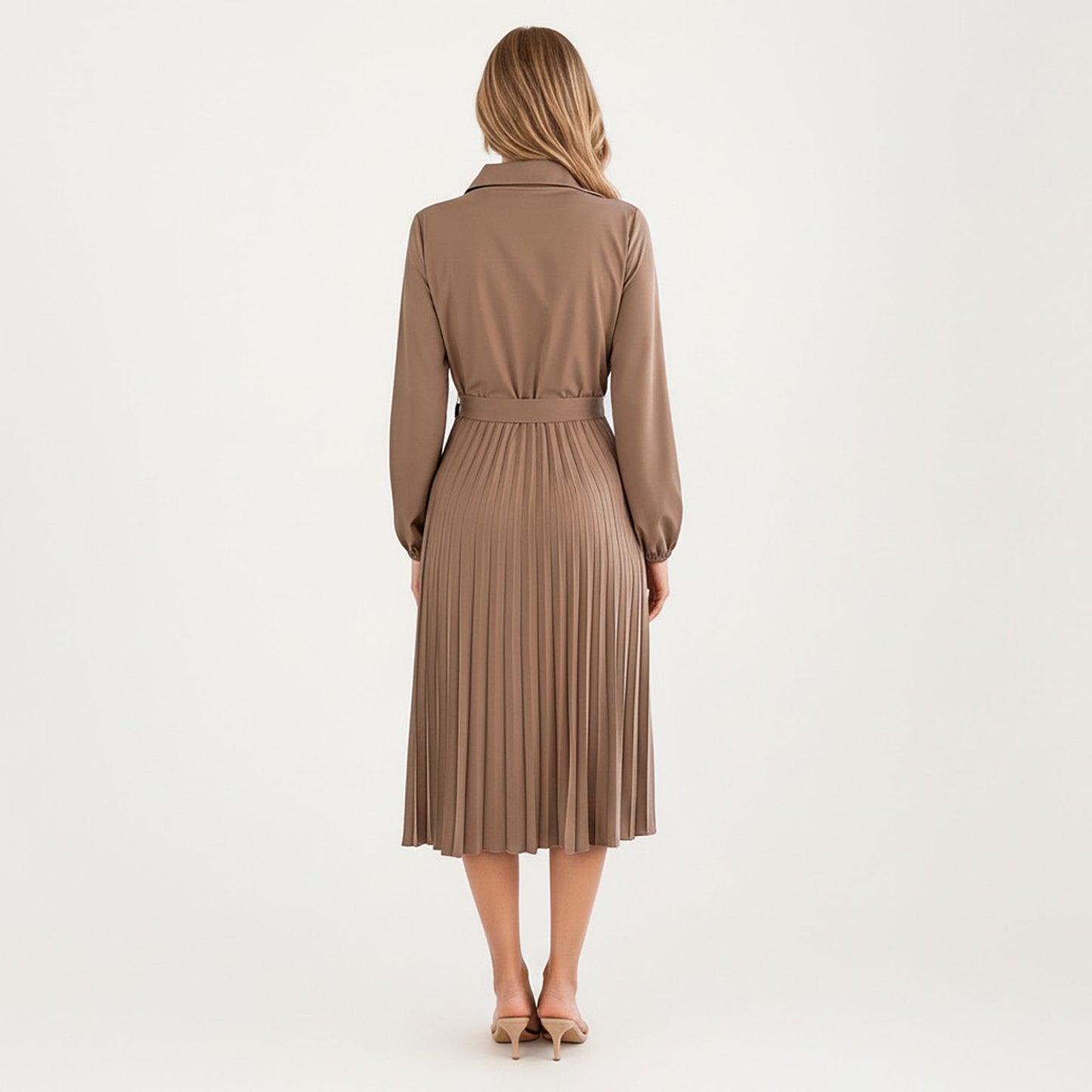 Pleated Midi Dress with Button-Down Front, Long Sleeves, and Waist Tie for a Feminine and Flattering Silhouette