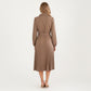Pleated Midi Dress with Button-Down Front, Long Sleeves, and Waist Tie for a Feminine and Flattering Silhouette