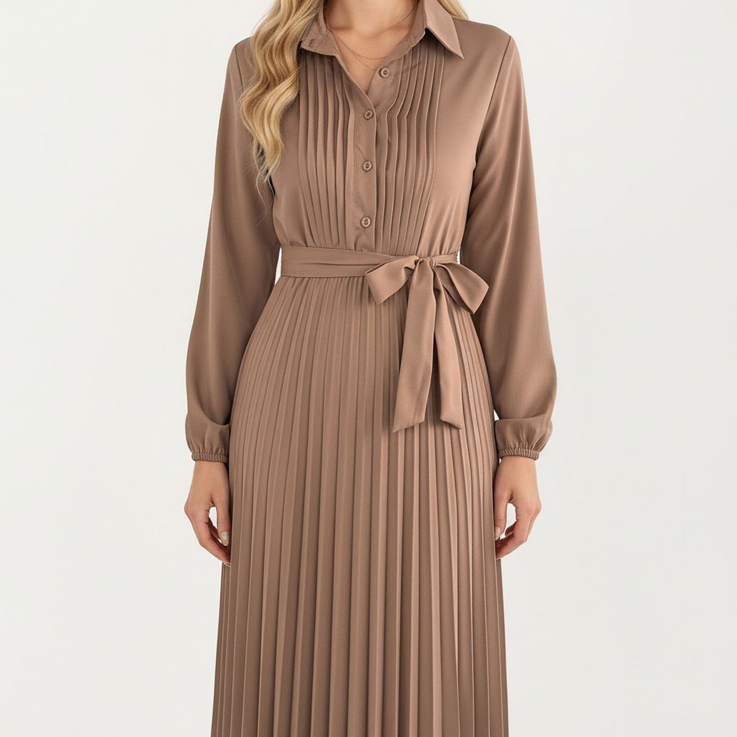 Pleated Midi Dress with Button-Down Front, Long Sleeves, and Waist Tie for a Feminine and Flattering Silhouette