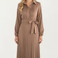 Pleated Midi Dress with Button-Down Front, Long Sleeves, and Waist Tie for a Feminine and Flattering Silhouette