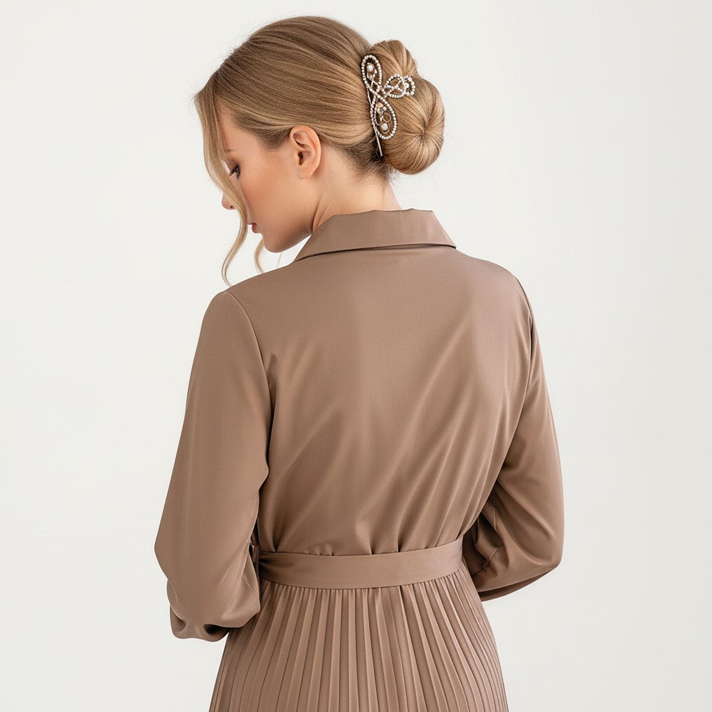 Pleated Midi Dress with Button-Down Front, Long Sleeves, and Waist Tie for a Feminine and Flattering Silhouette