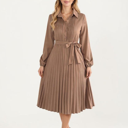 Pleated Midi Dress with Button-Down Front, Long Sleeves, and Waist Tie for a Feminine and Flattering Silhouette
