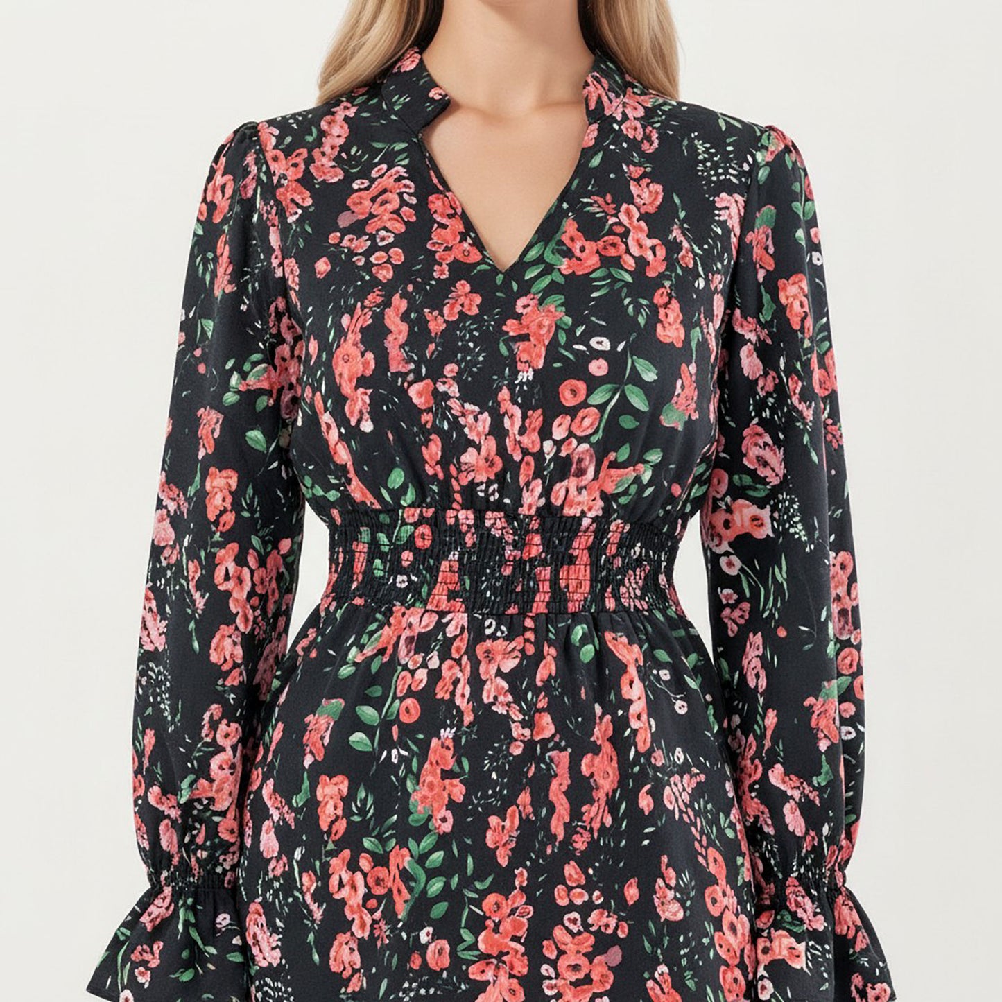 Floral Print Smocked Waist Dress with Long Sleeves, V-Neckline, and Ruffled Hem for a Feminine and Flattering Fit