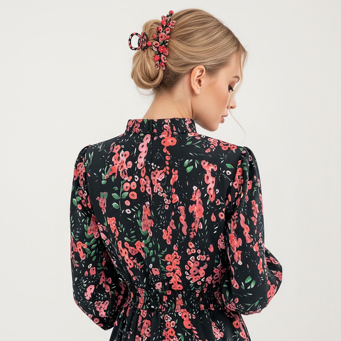 Floral Print Smocked Waist Dress with Long Sleeves, V-Neckline, and Ruffled Hem for a Feminine and Flattering Fit