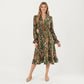 Floral Print Smocked Waist Dress with Long Sleeves, V-Neckline, and Ruffled Hem for a Feminine and Flattering Fit