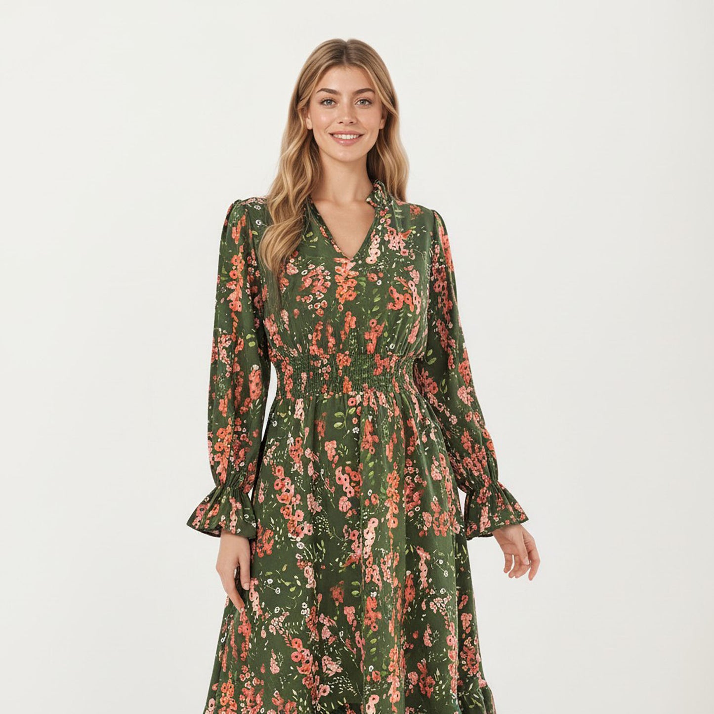 Floral Print Smocked Waist Dress with Long Sleeves, V-Neckline, and Ruffled Hem for a Feminine and Flattering Fit