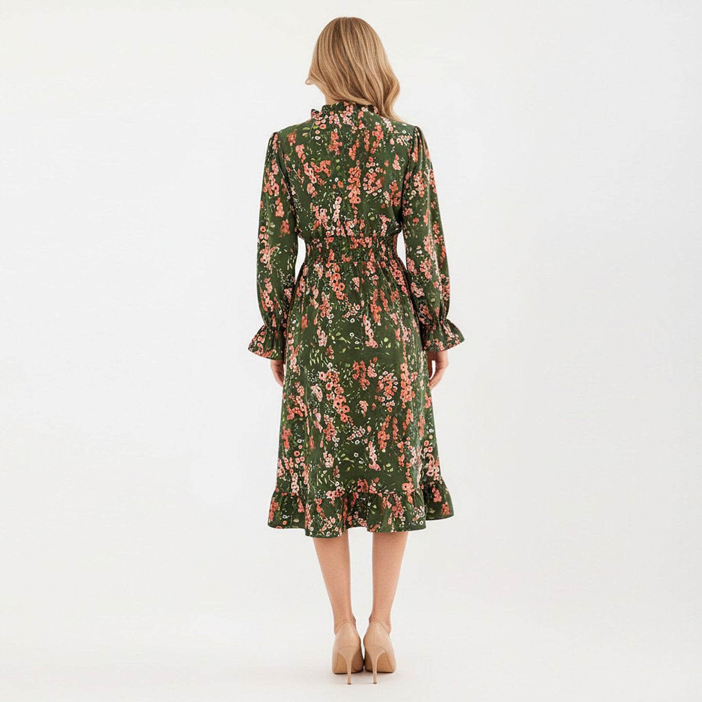 Floral Print Smocked Waist Dress with Long Sleeves, V-Neckline, and Ruffled Hem for a Feminine and Flattering Fit