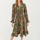Floral Print Smocked Waist Dress with Long Sleeves, V-Neckline, and Ruffled Hem for a Feminine and Flattering Fit