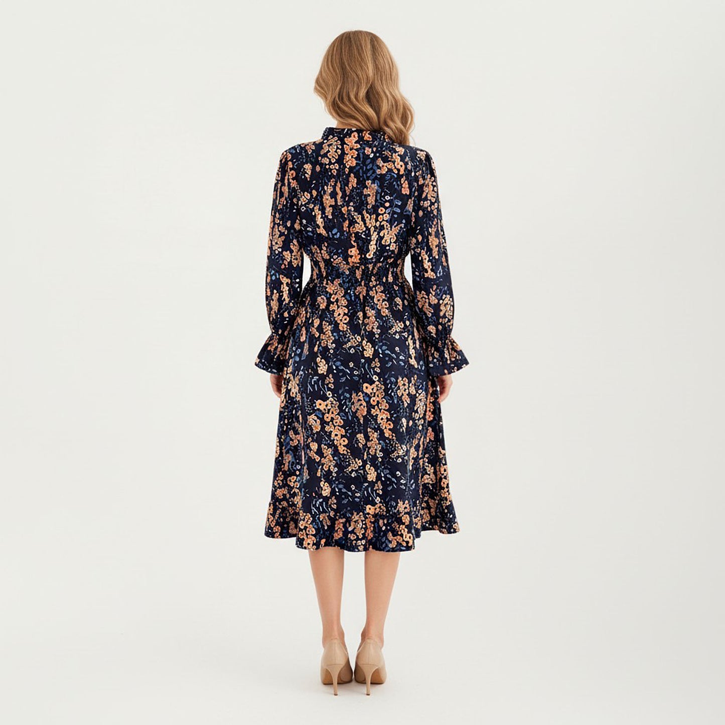 Floral Print Smocked Waist Dress with Long Sleeves, V-Neckline, and Ruffled Hem for a Feminine and Flattering Fit