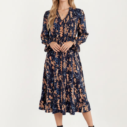 Floral Print Smocked Waist Dress with Long Sleeves, V-Neckline, and Ruffled Hem for a Feminine and Flattering Fit