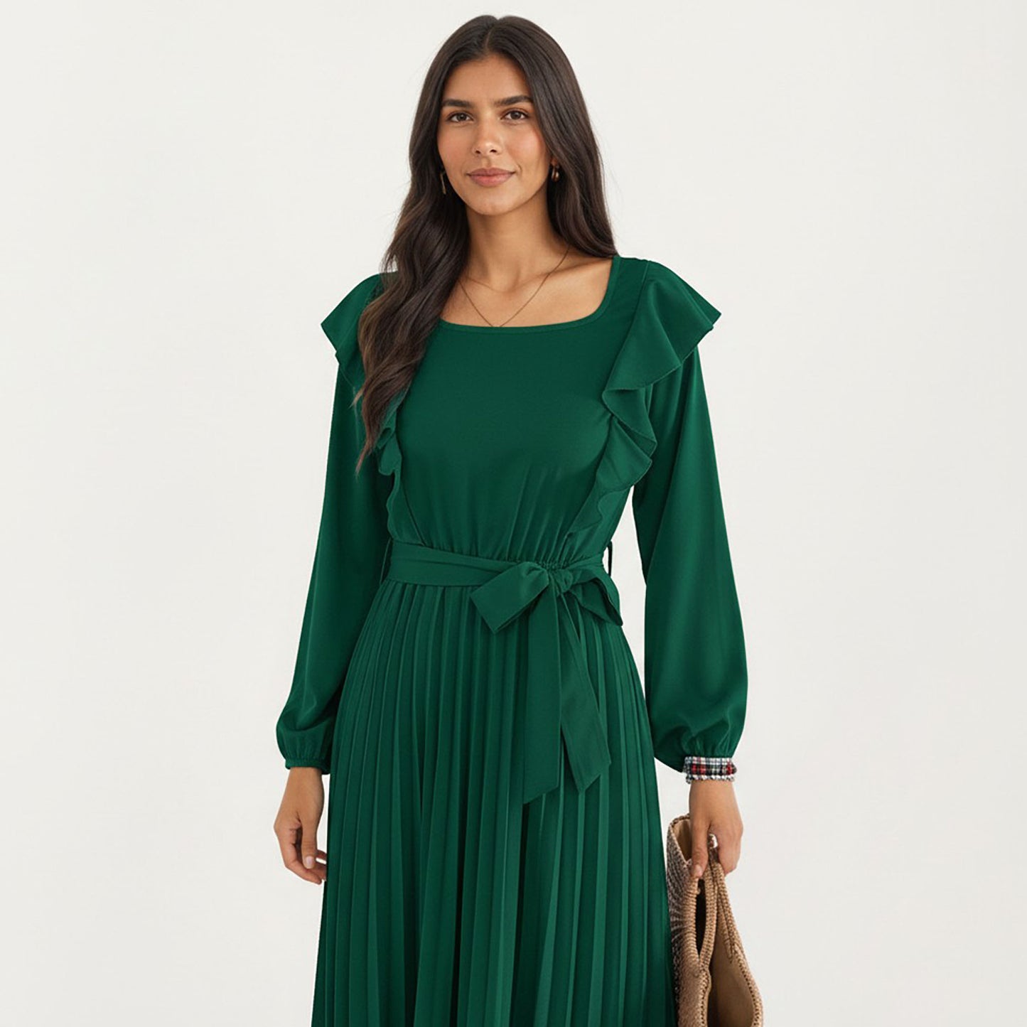Pleated Dress with Ruffled Shoulders, Waist Tie, and Long Sleeves for a Flattering Feminine Fit