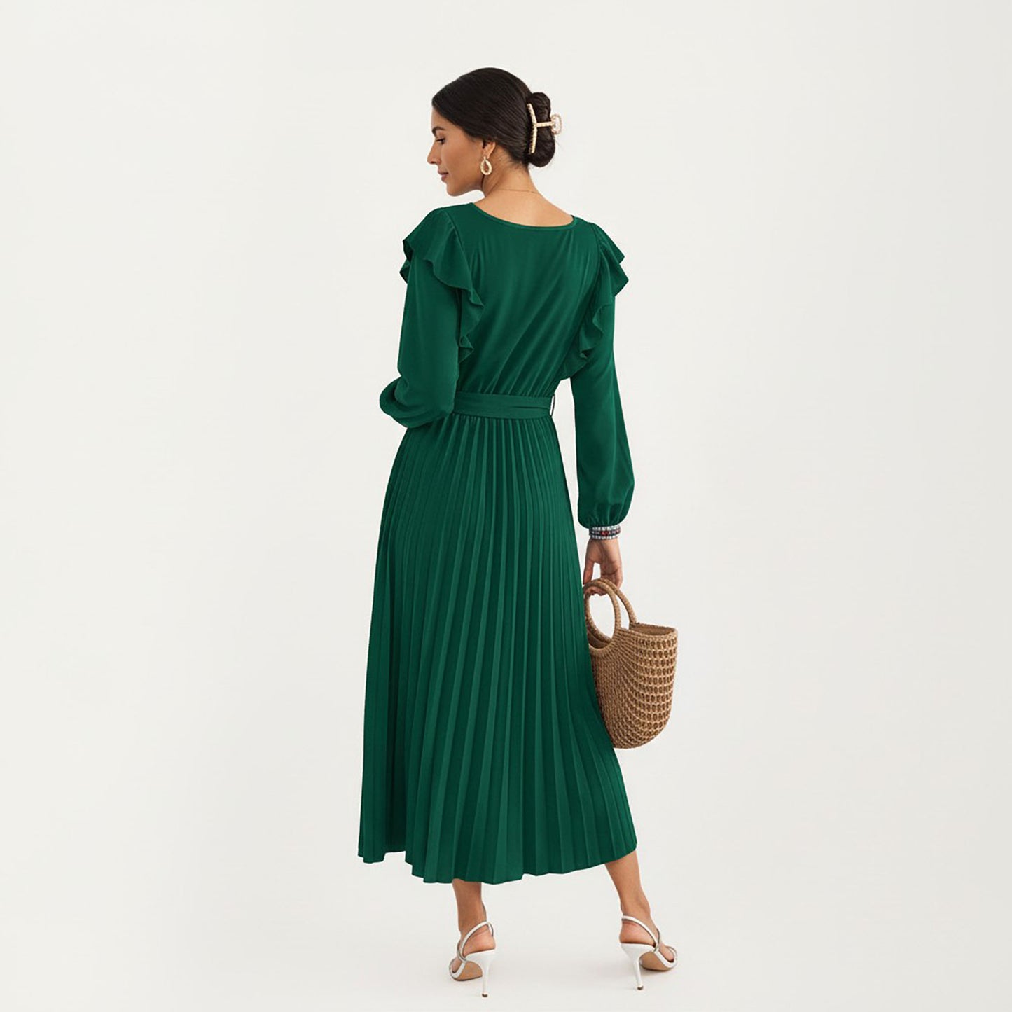 Pleated Dress with Ruffled Shoulders, Waist Tie, and Long Sleeves for a Flattering Feminine Fit