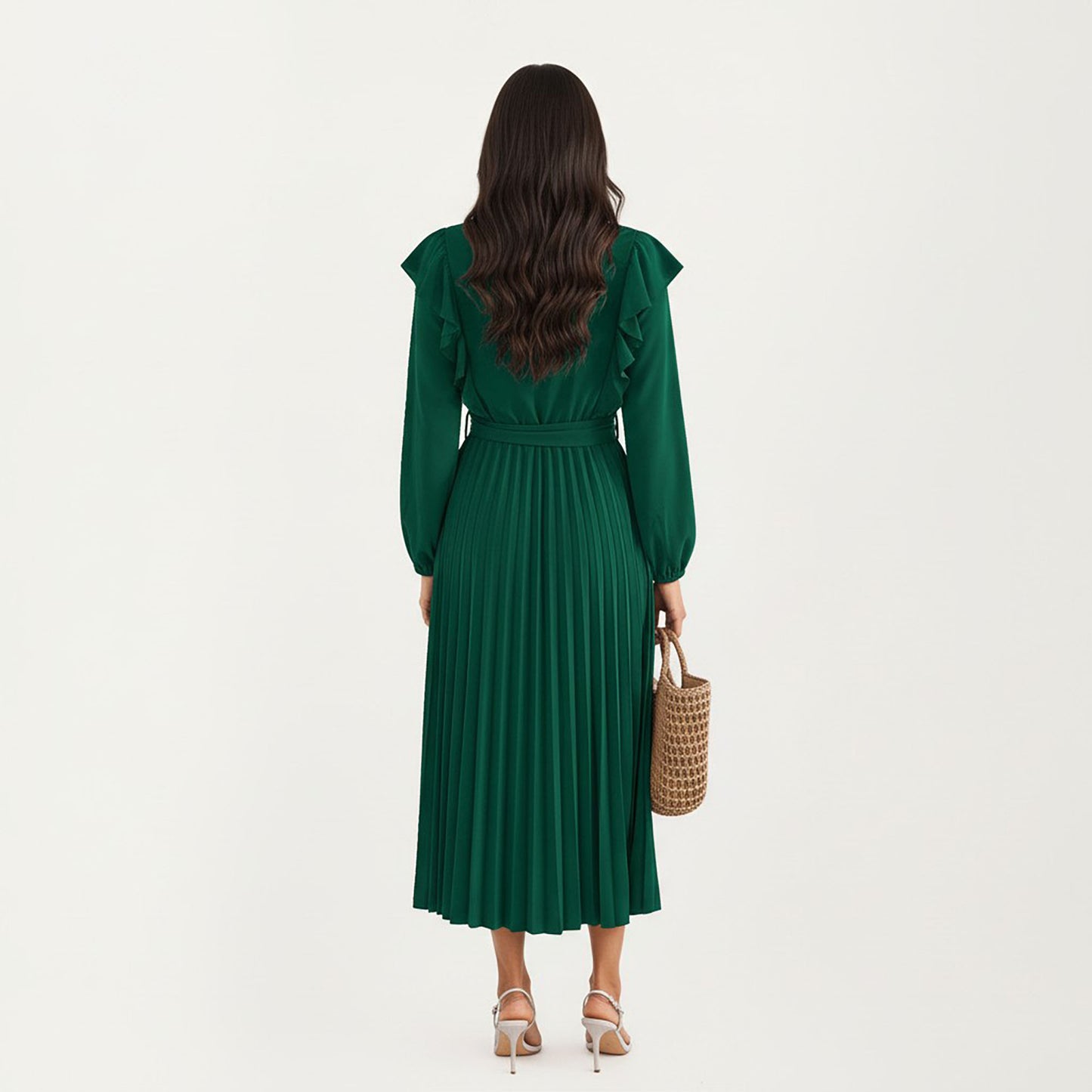 Pleated Dress with Ruffled Shoulders, Waist Tie, and Long Sleeves for a Flattering Feminine Fit