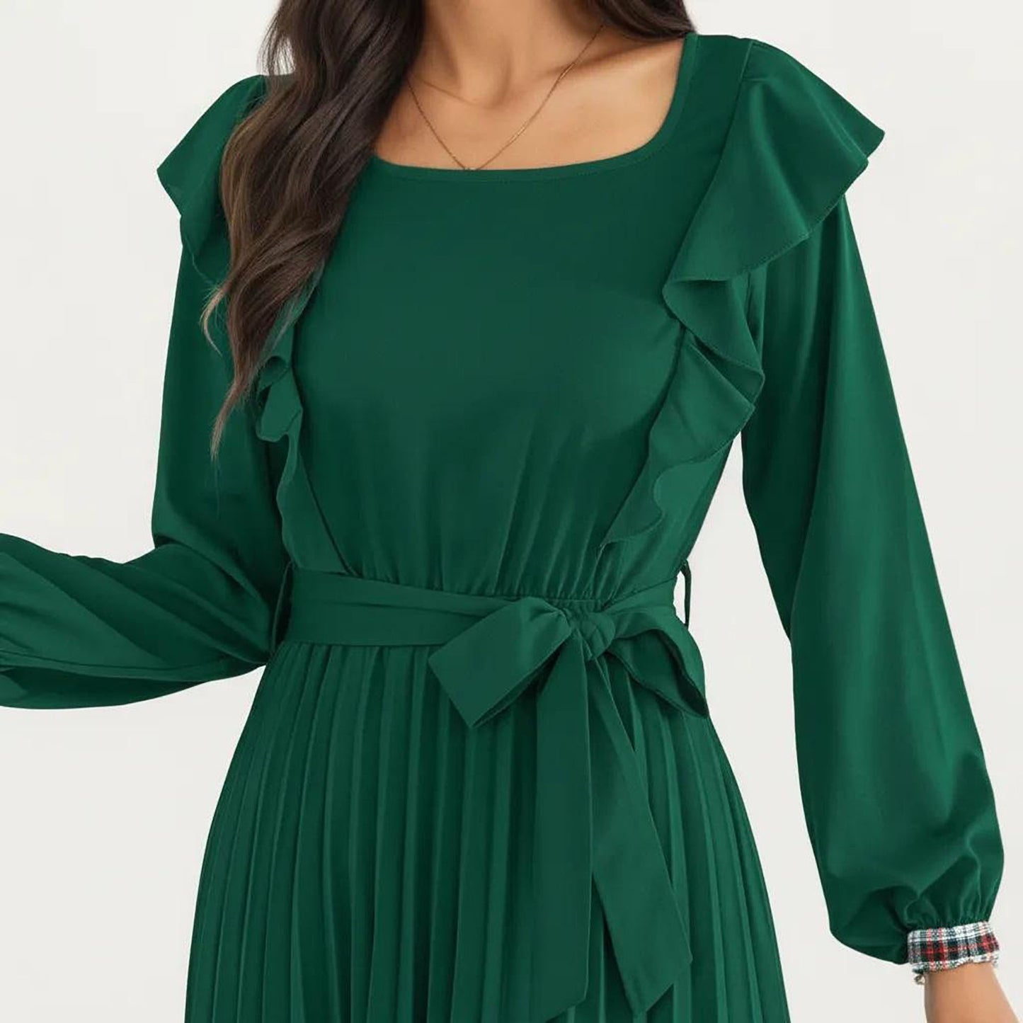 Pleated Dress with Ruffled Shoulders, Waist Tie, and Long Sleeves for a Flattering Feminine Fit