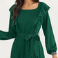 Pleated Dress with Ruffled Shoulders, Waist Tie, and Long Sleeves for a Flattering Feminine Fit