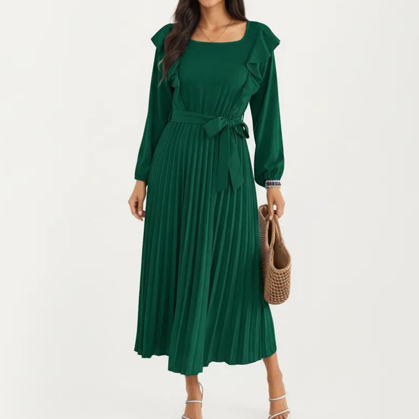 Pleated Dress with Ruffled Shoulders, Waist Tie, and Long Sleeves for a Flattering Feminine Fit