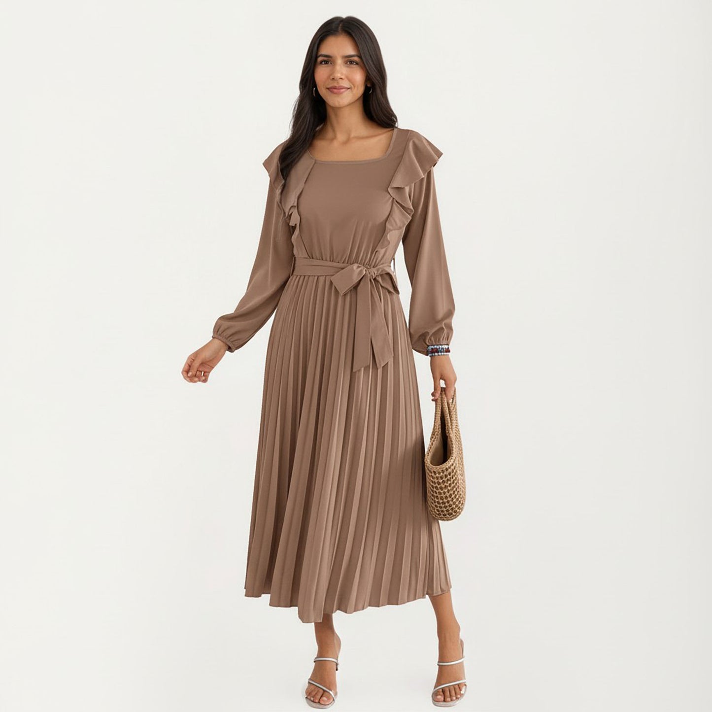 Pleated Dress with Ruffled Shoulders, Waist Tie, and Long Sleeves for a Flattering Feminine Fit