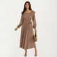 Pleated Dress with Ruffled Shoulders, Waist Tie, and Long Sleeves for a Flattering Feminine Fit