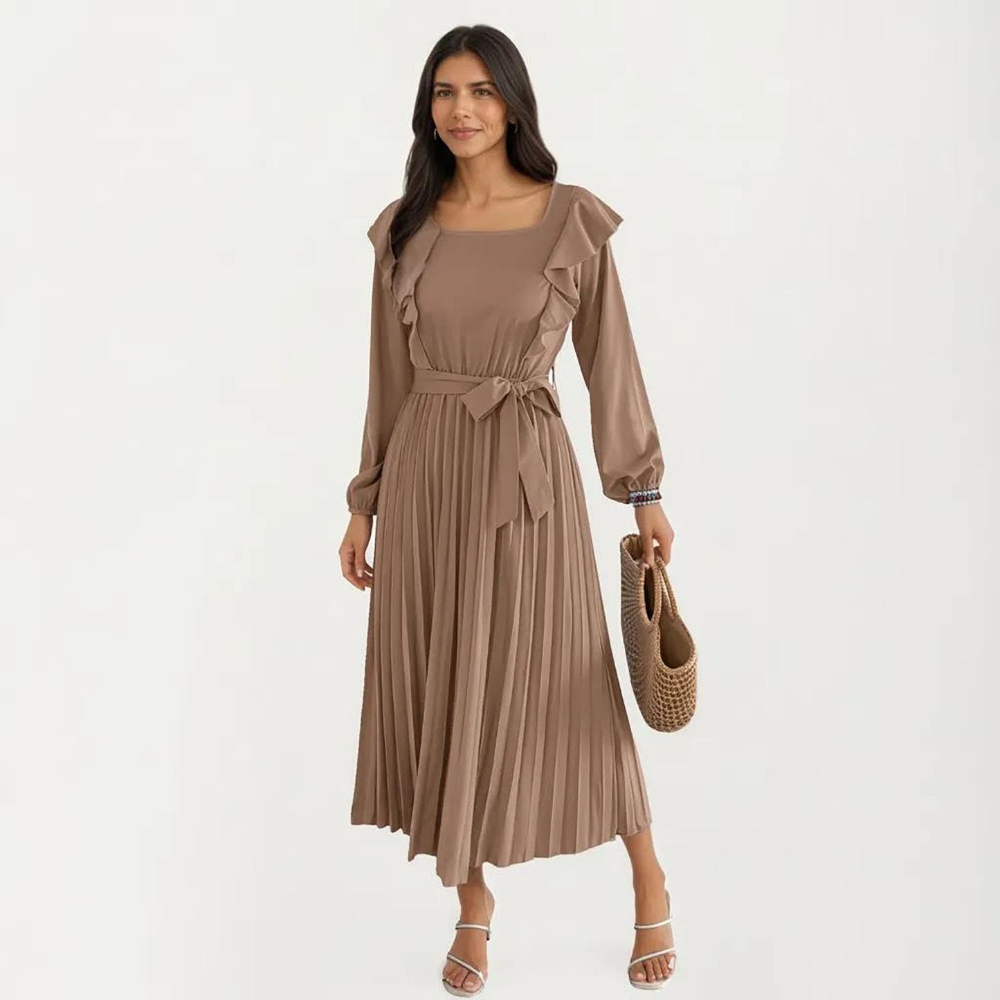 Pleated Dress with Ruffled Shoulders, Waist Tie, and Long Sleeves for a Flattering Feminine Fit