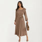 Pleated Dress with Ruffled Shoulders, Waist Tie, and Long Sleeves for a Flattering Feminine Fit