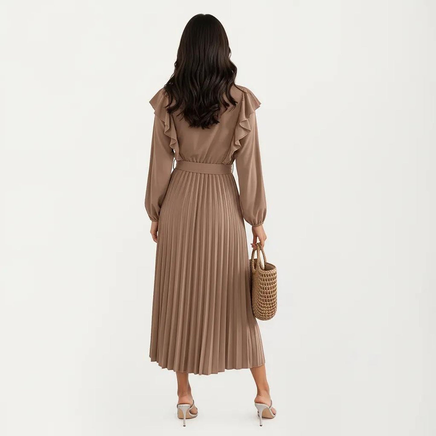 Pleated Dress with Ruffled Shoulders, Waist Tie, and Long Sleeves for a Flattering Feminine Fit