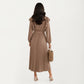 Pleated Dress with Ruffled Shoulders, Waist Tie, and Long Sleeves for a Flattering Feminine Fit