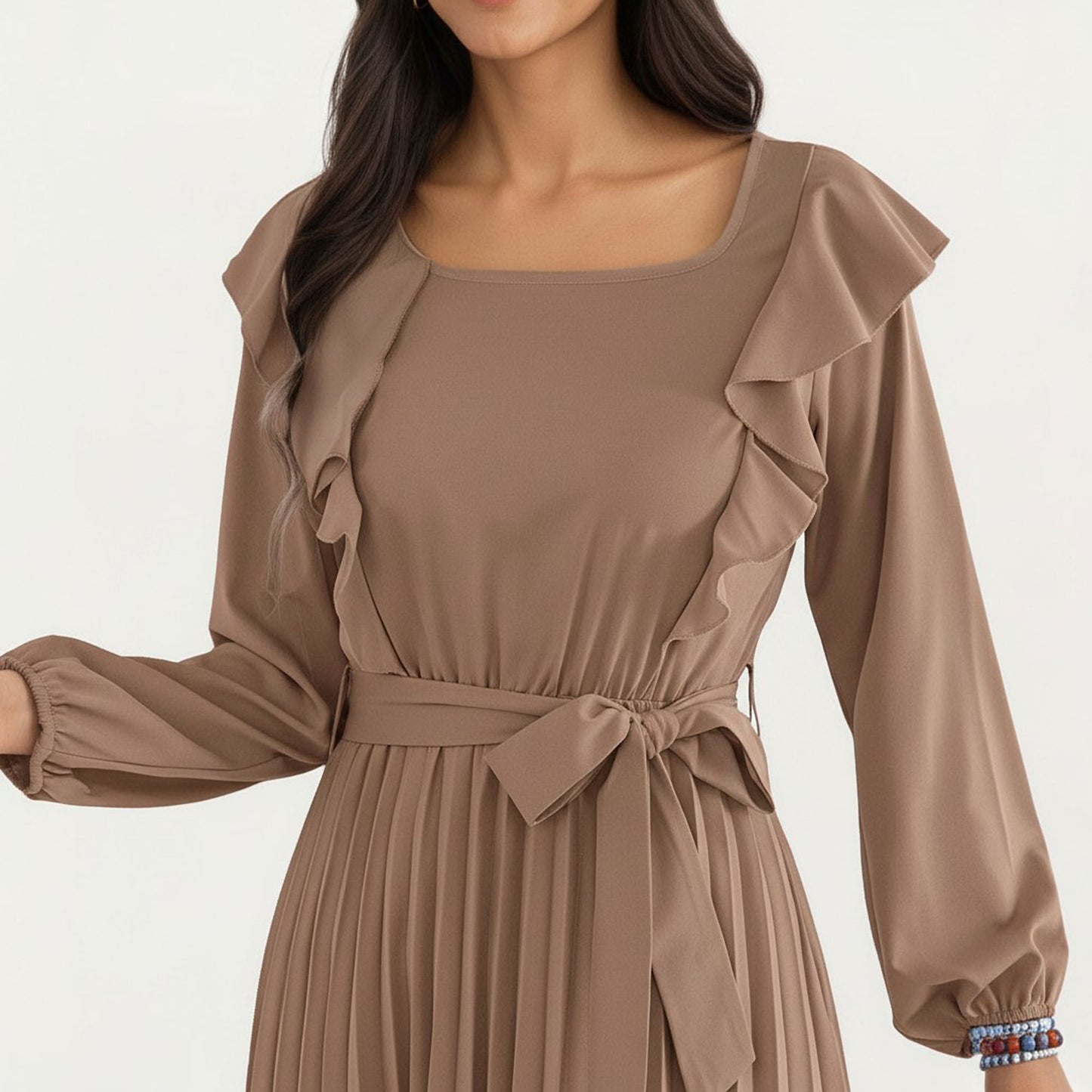Pleated Dress with Ruffled Shoulders, Waist Tie, and Long Sleeves for a Flattering Feminine Fit