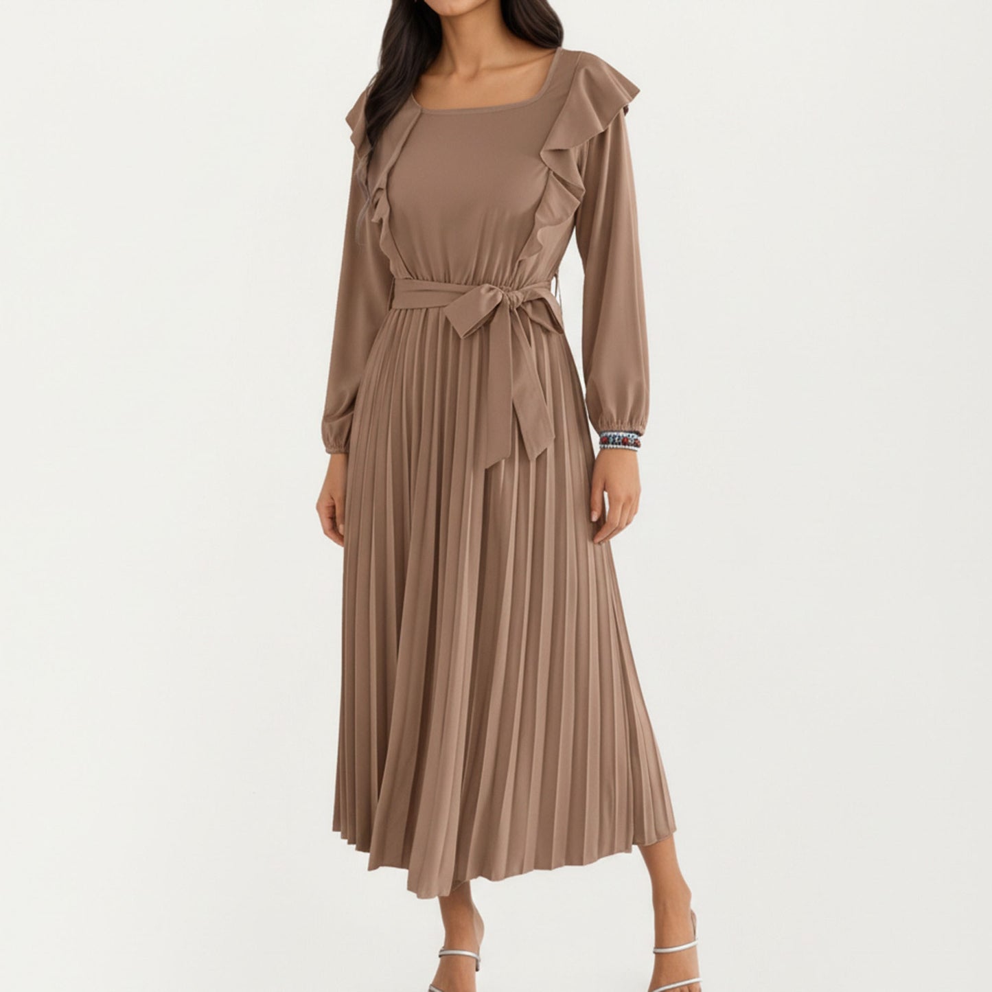 Pleated Dress with Ruffled Shoulders, Waist Tie, and Long Sleeves for a Flattering Feminine Fit
