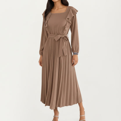 Pleated Dress with Ruffled Shoulders, Waist Tie, and Long Sleeves for a Flattering Feminine Fit
