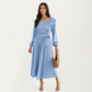Pleated Dress with Ruffled Shoulders, Waist Tie, and Long Sleeves for a Flattering Feminine Fit