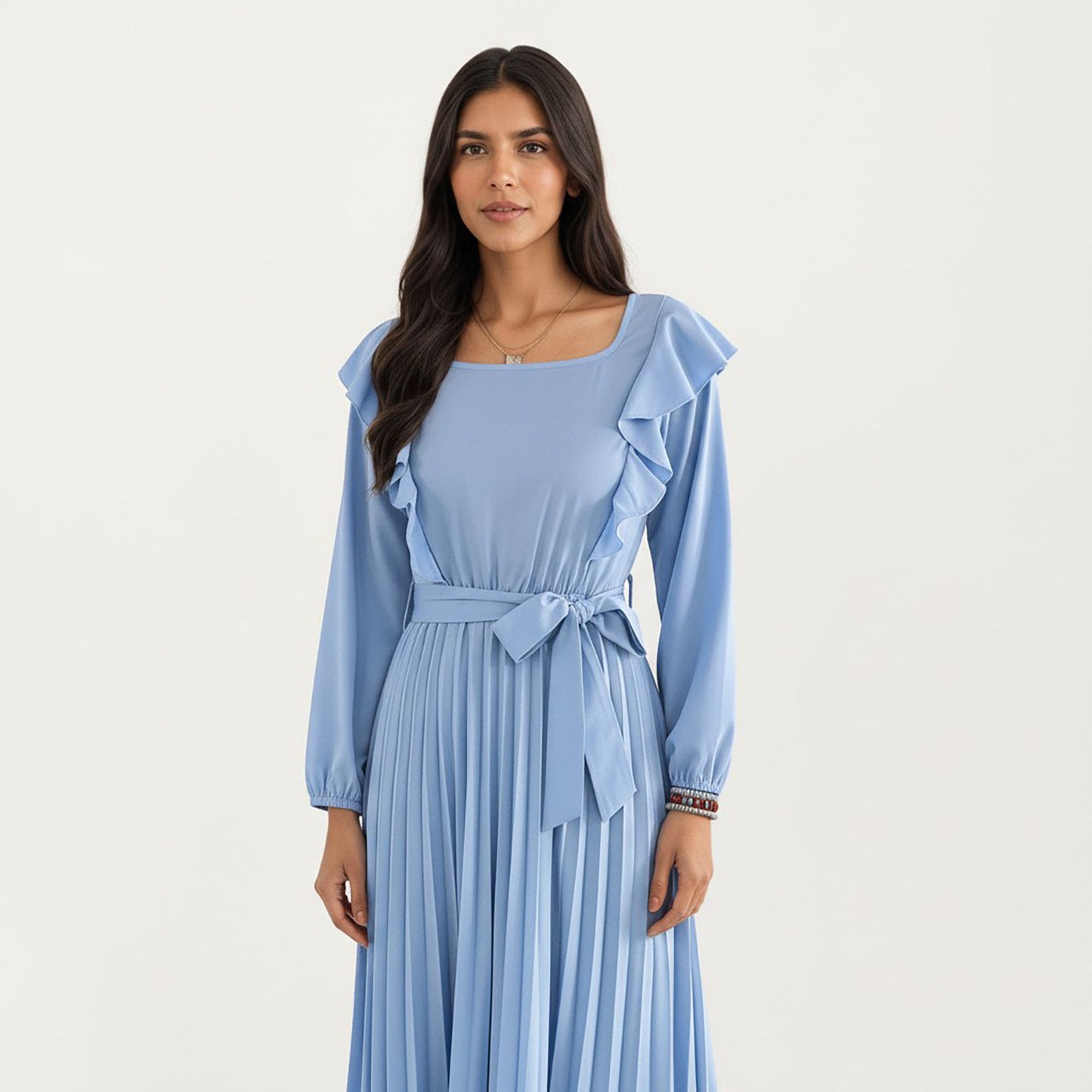 Pleated Dress with Ruffled Shoulders, Waist Tie, and Long Sleeves for a Flattering Feminine Fit