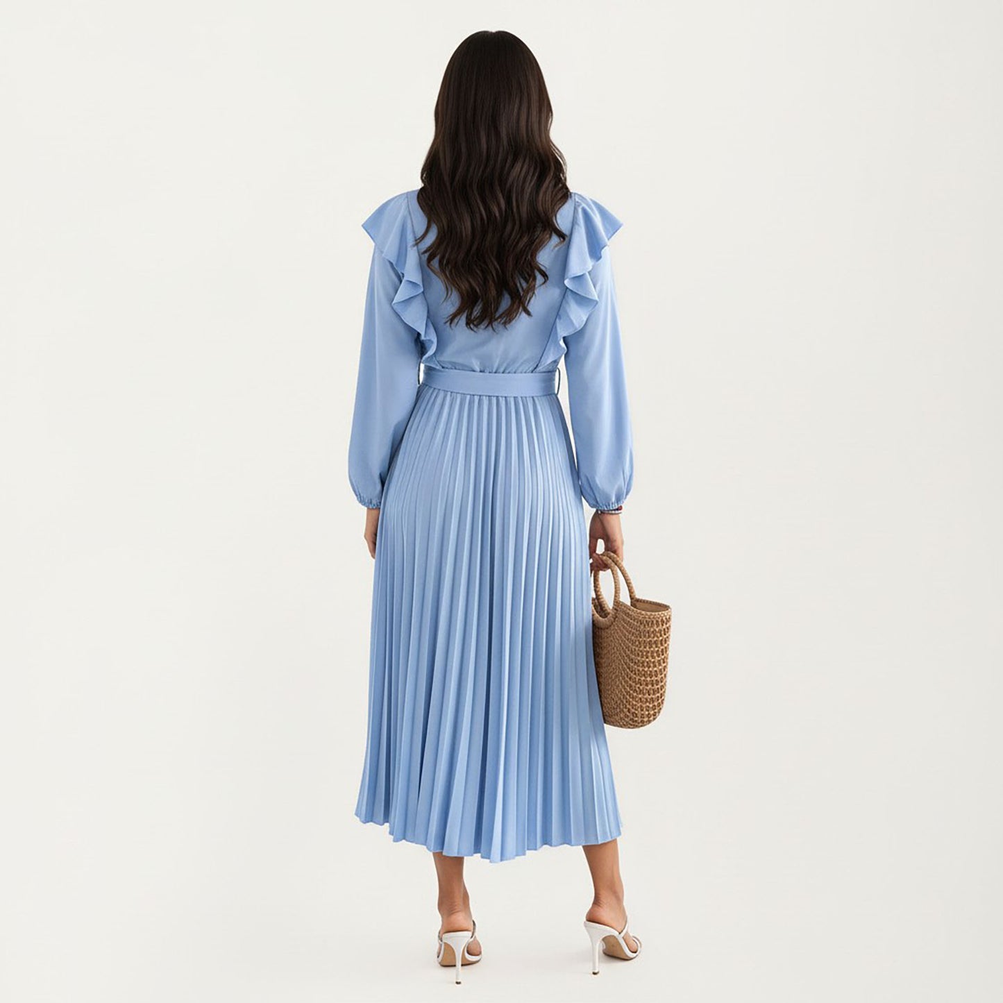 Pleated Dress with Ruffled Shoulders, Waist Tie, and Long Sleeves for a Flattering Feminine Fit