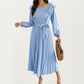 Pleated Dress with Ruffled Shoulders, Waist Tie, and Long Sleeves for a Flattering Feminine Fit