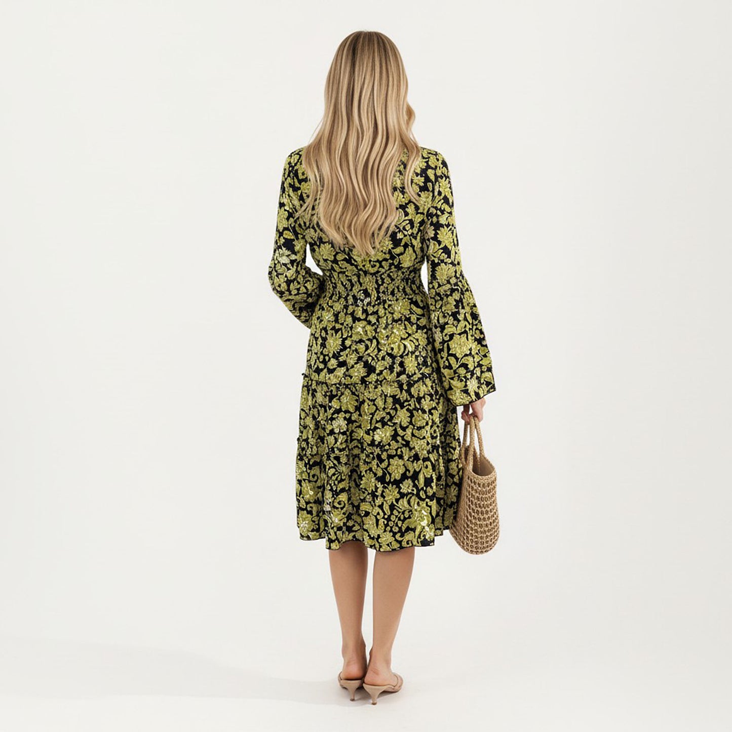 Floral V-Neck Dress with Bell Sleeves and Tiered Skirt for a Flattering Fit and Elegant Style