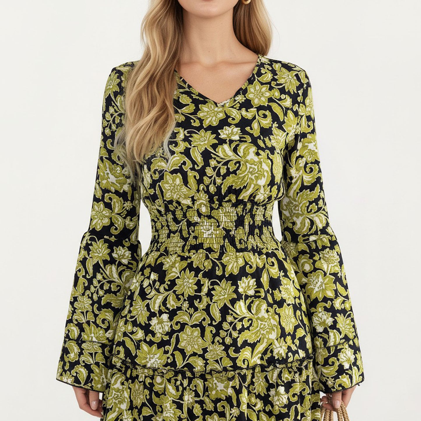 Floral V-Neck Dress with Bell Sleeves and Tiered Skirt for a Flattering Fit and Elegant Style