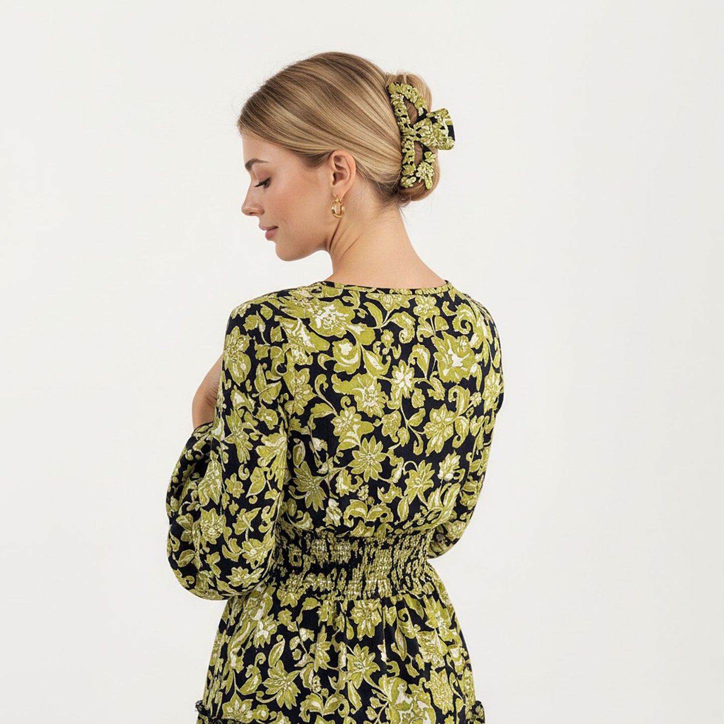 Floral V-Neck Dress with Bell Sleeves and Tiered Skirt for a Flattering Fit and Elegant Style
