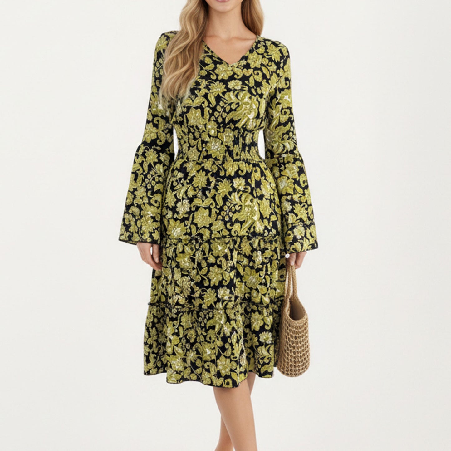 Floral V-Neck Dress with Bell Sleeves and Tiered Skirt for a Flattering Fit and Elegant Style