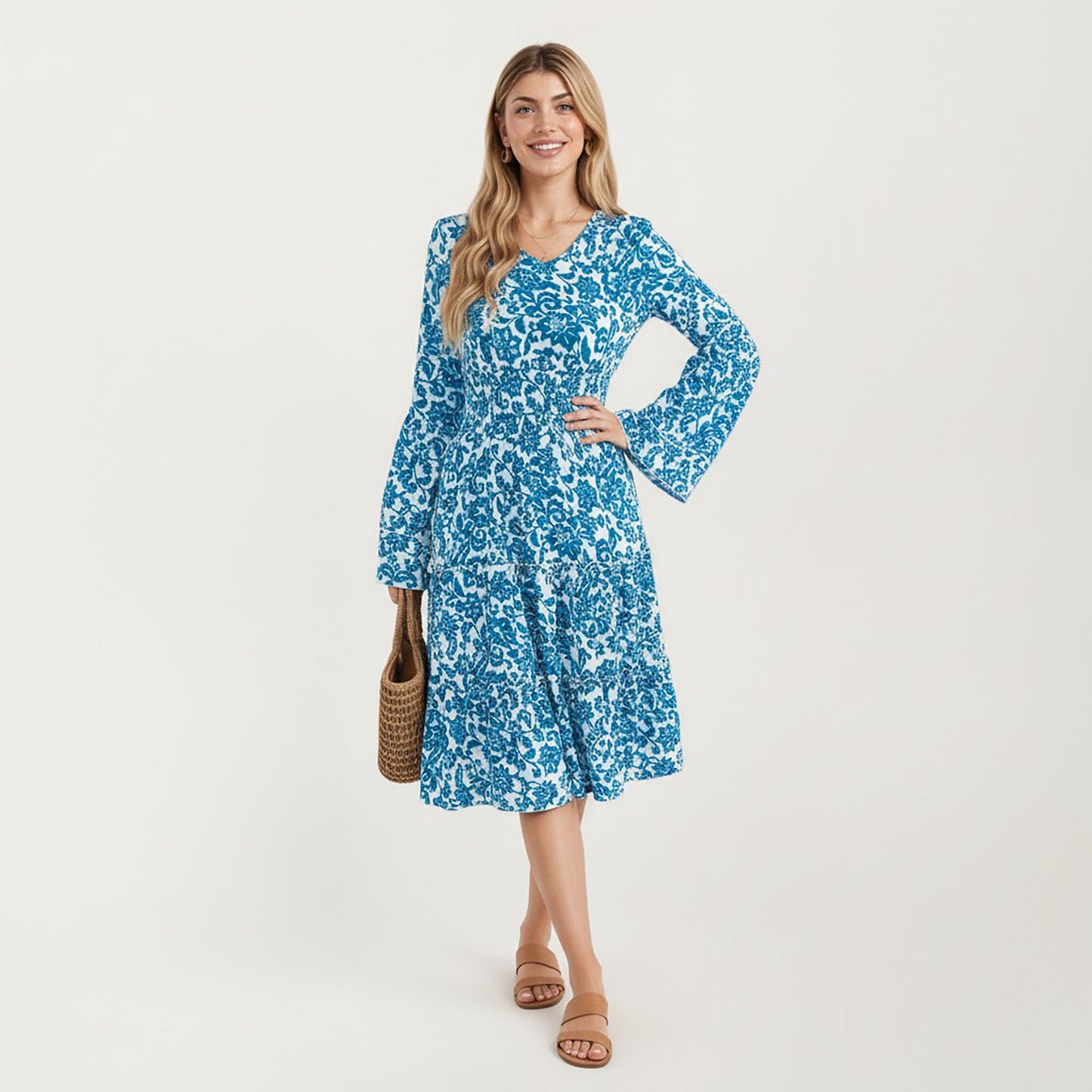 Floral V-Neck Dress with Bell Sleeves and Tiered Skirt for a Flattering Fit and Elegant Style