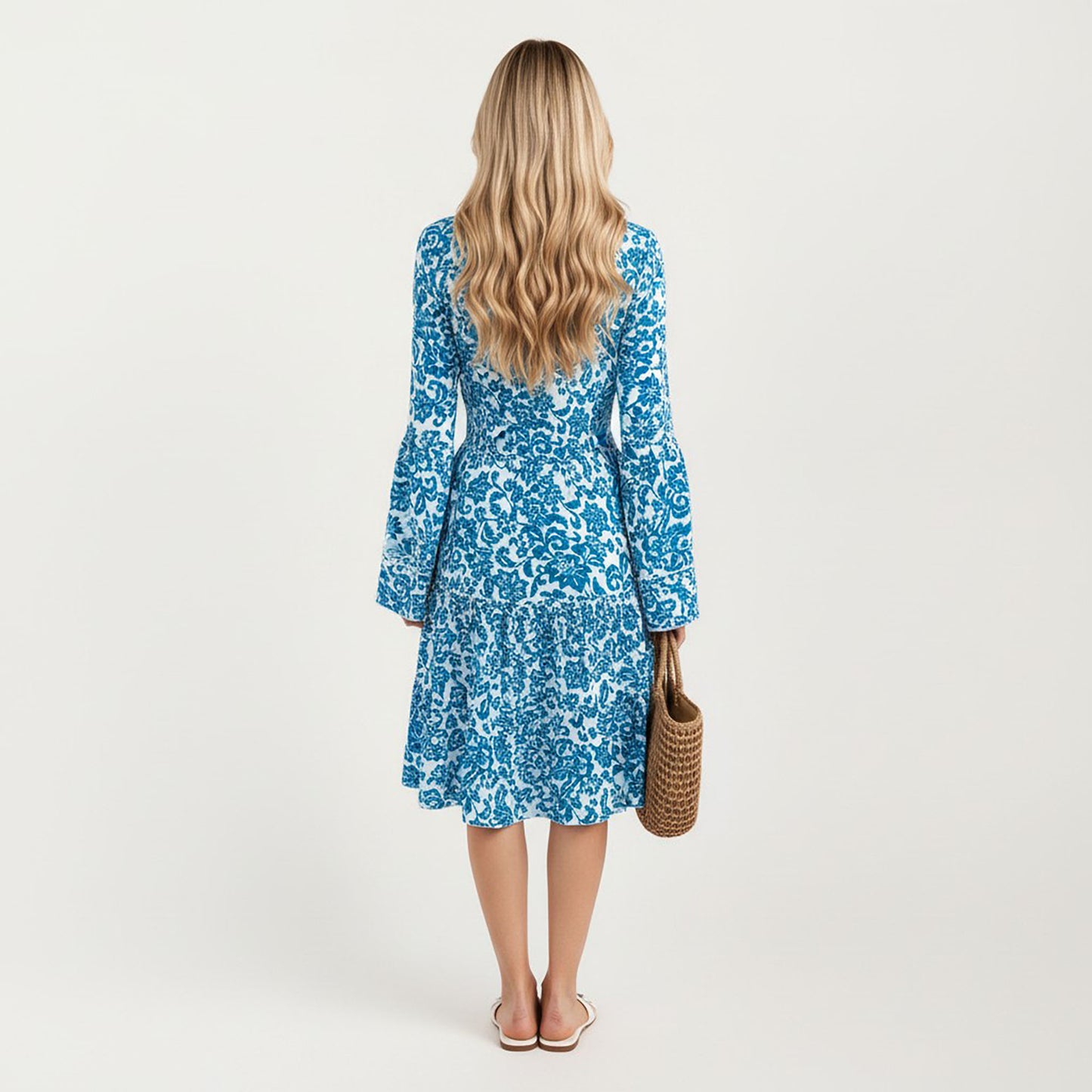 Floral V-Neck Dress with Bell Sleeves and Tiered Skirt for a Flattering Fit and Elegant Style