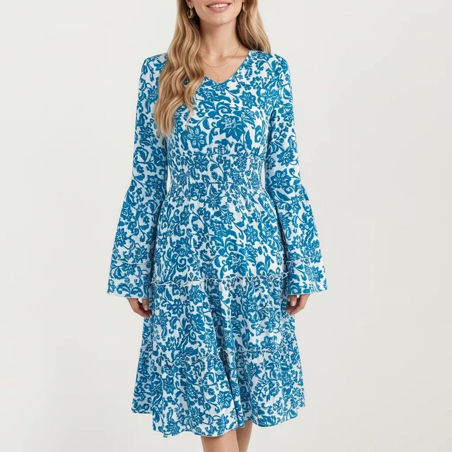 Floral V-Neck Dress with Bell Sleeves and Tiered Skirt for a Flattering Fit and Elegant Style