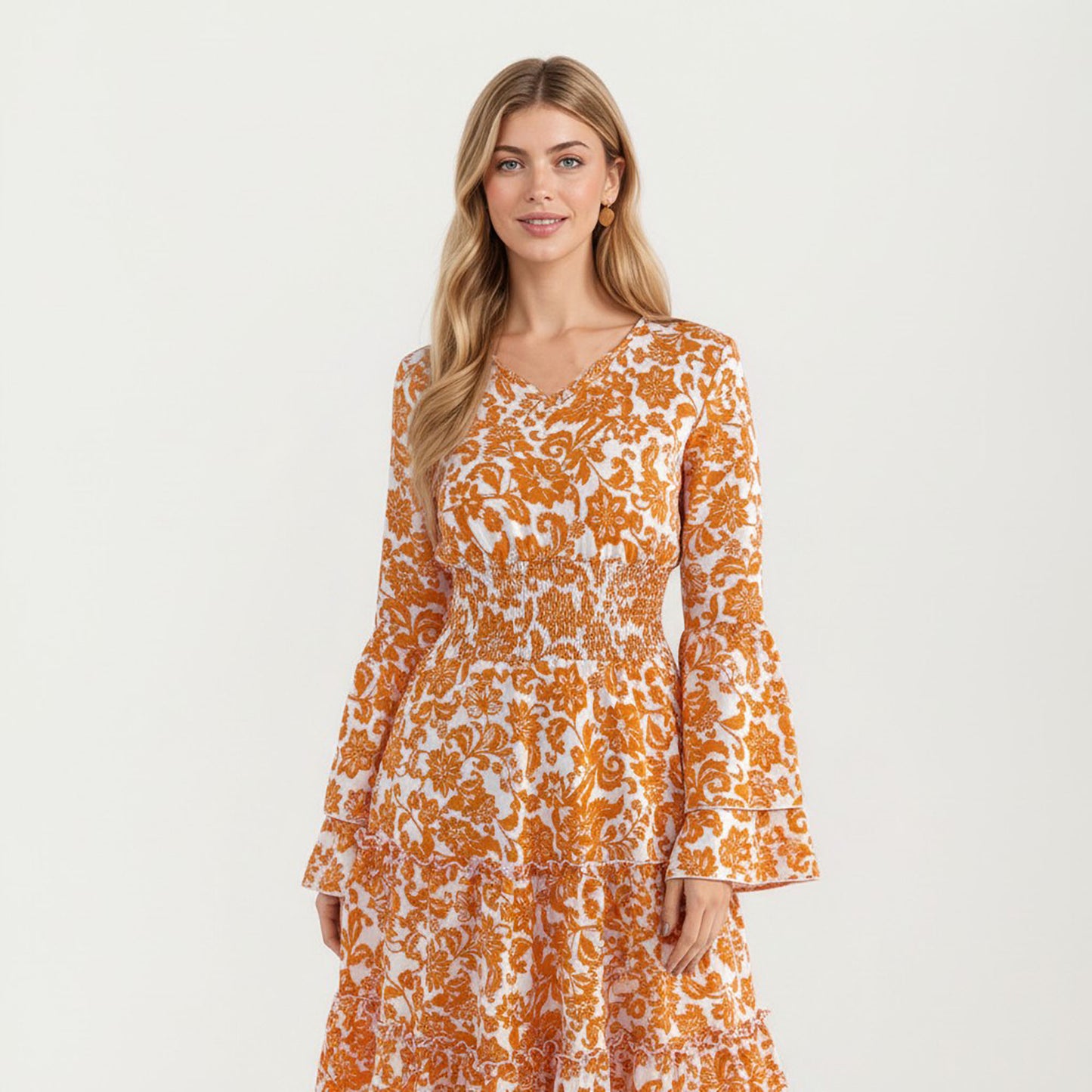 Floral V-Neck Dress with Bell Sleeves and Tiered Skirt for a Flattering Fit and Elegant Style