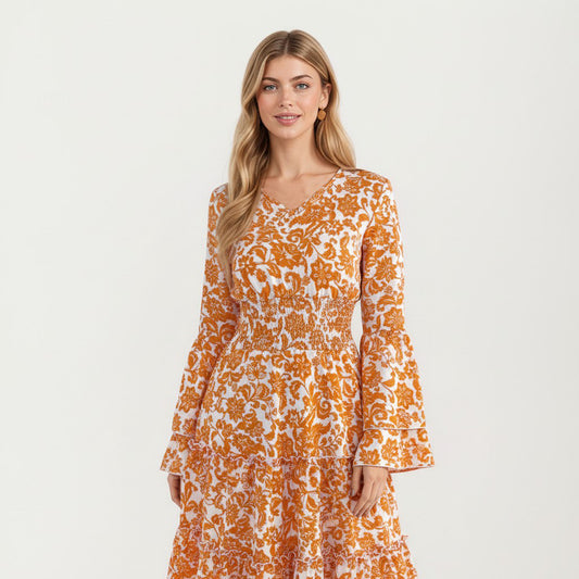 Floral V-Neck Dress with Bell Sleeves and Tiered Skirt for a Flattering Fit and Elegant Style