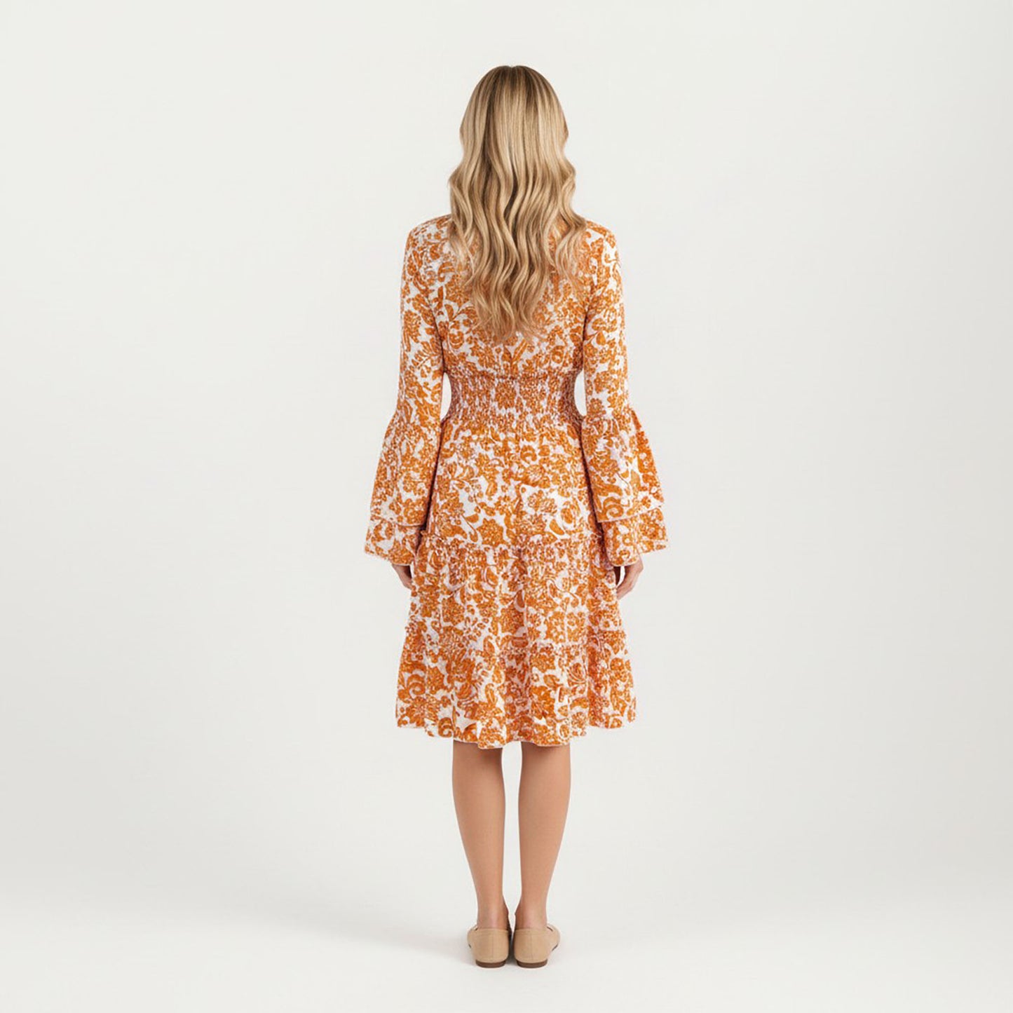 Floral V-Neck Dress with Bell Sleeves and Tiered Skirt for a Flattering Fit and Elegant Style