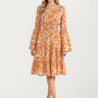 Floral V-Neck Dress with Bell Sleeves and Tiered Skirt for a Flattering Fit and Elegant Style